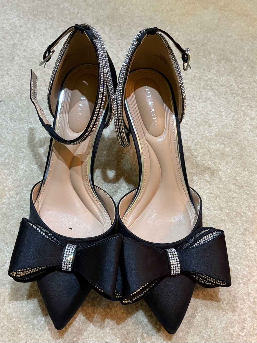 Kelly & Katie Black Pointed-Toe Bow Ankle-Strap Heels